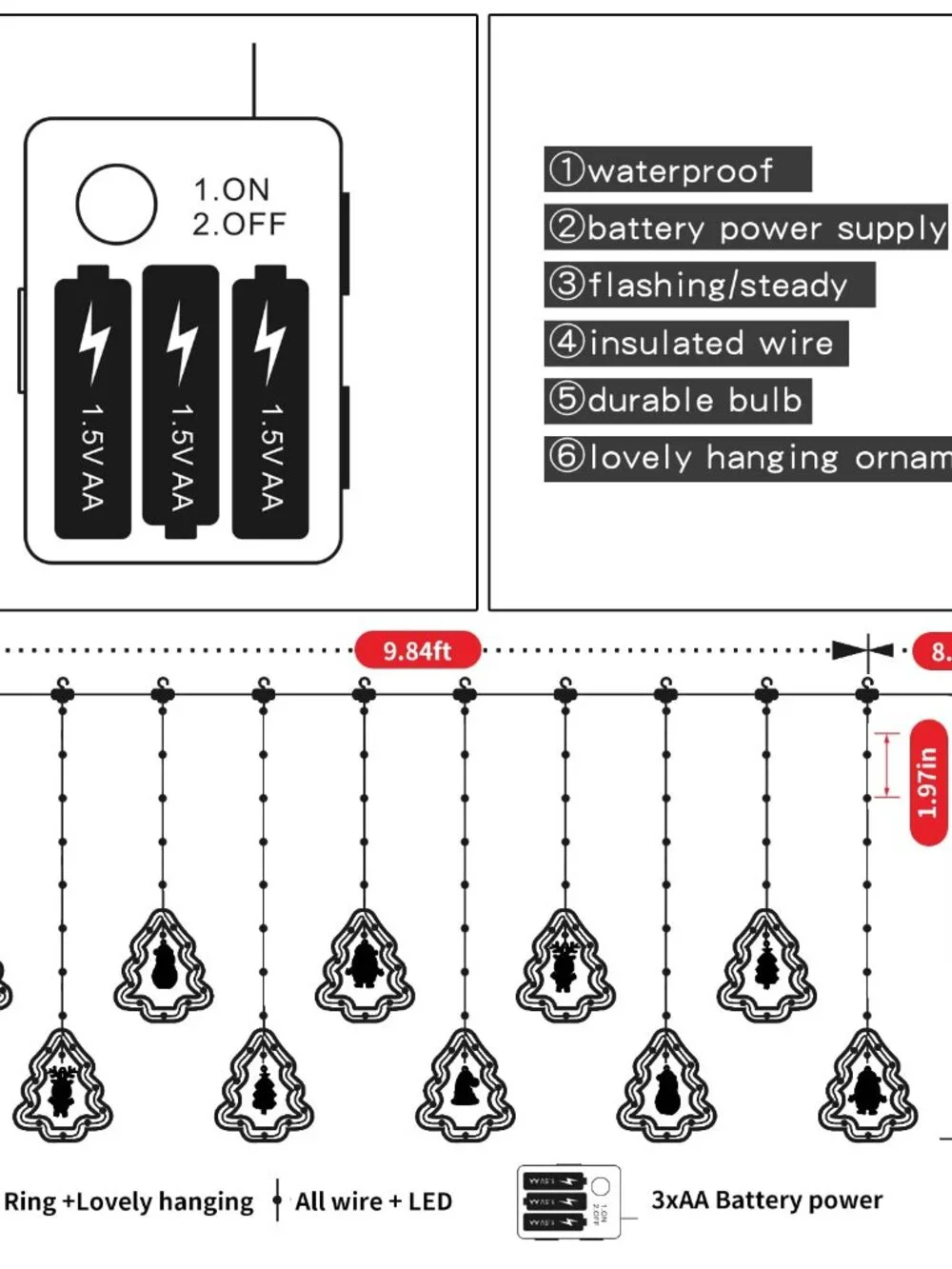 Christmas Window Curtain Lights 10 Ornaments 120 LED Battery Operated Warm White